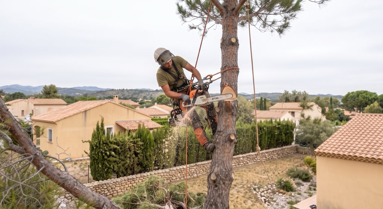 Démontage d'un pin par sections au-dessus des maisons