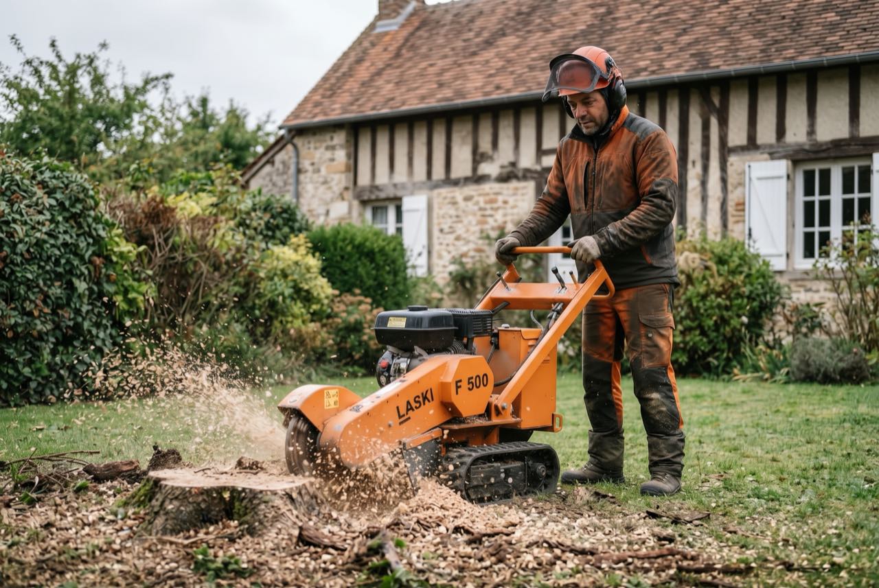 Rognage d'une souche à la rogneuse